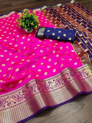 DHABUDI Paisley, Temple Border, Woven Banarasi Pure Silk, Jacquard Saree(Pink, Blue)