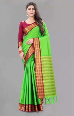 Sahajanand Self Design Banarasi Cotton Silk, Jacquard Saree(Light Green)