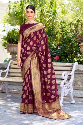 WOVEN STOCK Printed Banarasi Pure Silk, Art Silk Saree(Purple)