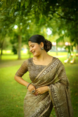 PeachPetals Printed, Geometric Print Banarasi Cotton Silk Saree(Green)