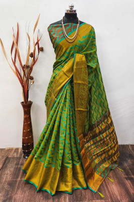GOGAJI COLLECTION Temple Border, Woven Kanjivaram Cotton Blend Saree(Green)