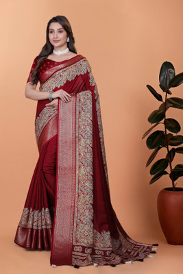RASIFASHION Printed Banarasi Cotton Blend Saree(Maroon)
