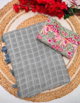 CLICKTHEMALL Checkered Bollywood Chiffon Saree(Grey)