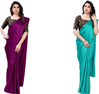 Aruna Sarees Solid/Plain Bollywood Satin Saree(Purple, Light Blue)