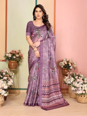 stylescope Printed, Geometric Print, Digital Print Daily Wear Cotton Linen Saree(Purple)