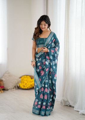 ROOP SUNDARI SAREES Printed Daily Wear Cotton Linen Saree(Light Blue)