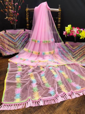 SATVASHIV Embroidered Bollywood Net Saree(Pink)