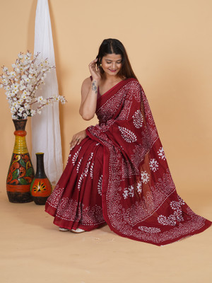 SUNDREESAREE Blocked Printed, Color Block, Floral Print, Printed Ikkat Pure Cotton Saree(Maroon, Black)
