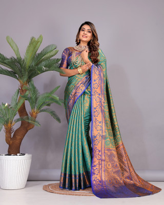 Jyanshu Creation Floral Print Kanjivaram Silk Blend Saree(Light Blue)