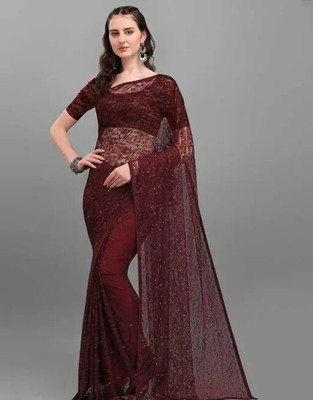 SwiftStyle Solid/Plain Daily Wear Net Saree(Maroon)