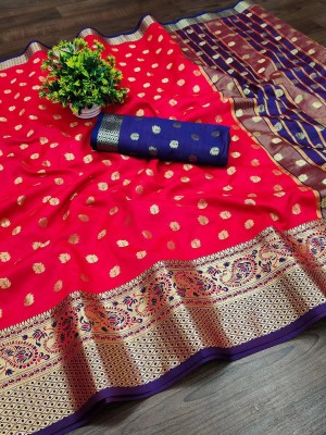 DHABUDI Paisley, Temple Border, Woven Banarasi Pure Silk, Jacquard Saree(Red, Blue)