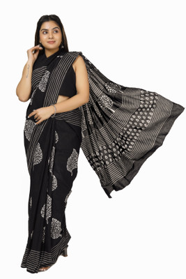 Jaipuri Print Printed, Blocked Printed, Color Block, Dyed, Floral Print Daily Wear Pure Cotton Saree(Black)