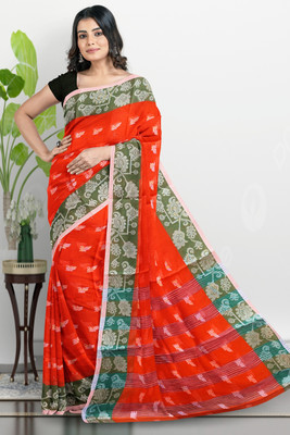 PRANATI ENTERPRISE Printed, Self Design, Woven Tant Pure Cotton Saree(Orange)
