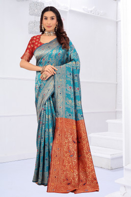 Moda Repido Woven Banarasi Pure Silk Saree(Light Blue)