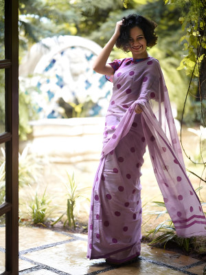 HouseOfCommon Polka Print Chanderi Cotton Blend Saree(Purple)