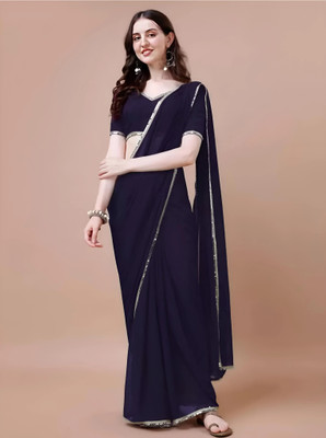 HIJA TRENDZ Solid/Plain Bollywood Georgette Saree(Dark Blue)