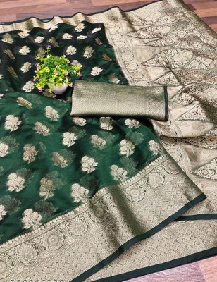 Harshiv Textile Self Design Kanjivaram Art Silk Saree(Green)