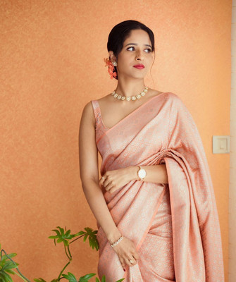 Rudr Ventures Embroidered Banarasi Cotton Silk Saree(Orange)