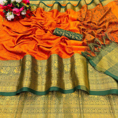 KV Fashion Woven Bollywood Cotton Silk Saree(Orange)