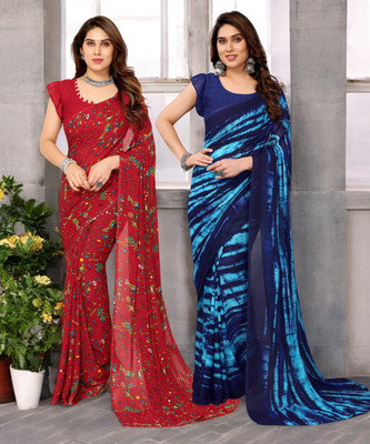 AMBUJAINTERNATIONAL Printed Bollywood Georgette Saree(Pack of 2, Multicolor)