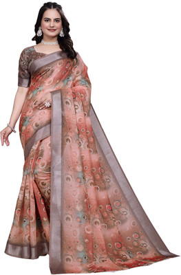HouseOfCommon Floral Print Bollywood Cotton Linen Saree(Orange)