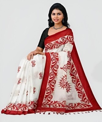 Amita Collections Printed Bollywood Cotton Blend Saree(White)