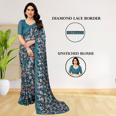 Anand Sarees Embellished, Paisley, Geometric Print Bollywood Georgette Saree(Blue, Light Blue)