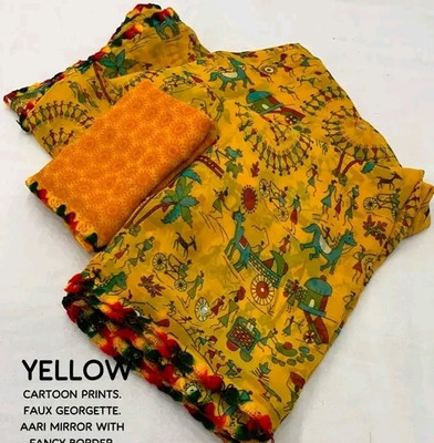 Aakash Emporium Printed Kalamkari Georgette, Chiffon Saree(Yellow)