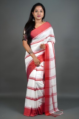 UR Affection Self Design Handloom Pure Cotton Saree(Red, White)