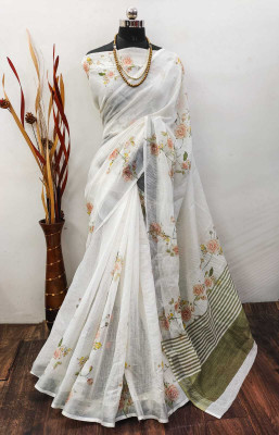 ASHTA Floral Print Kanjivaram Linen Saree(White)