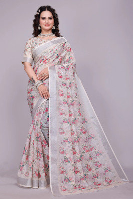 HIYAMI Printed Bollywood Cotton Linen Saree(White)