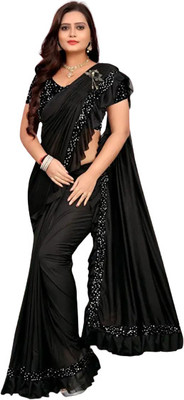 KRIRA ENTERPRISE Solid/Plain Bollywood Lycra Blend Saree(Black)