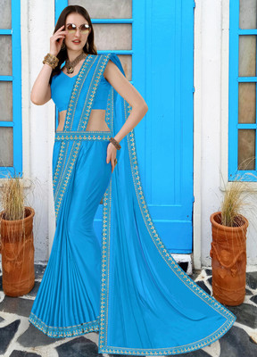 HNC Retail Temple Border, Solid/Plain Bollywood Lycra Blend, Chiffon Saree(Light Blue)