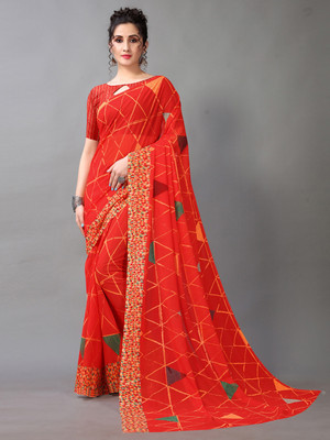 Saanjh Printed Saree with Attached Blouse Georgette Saree(Red)