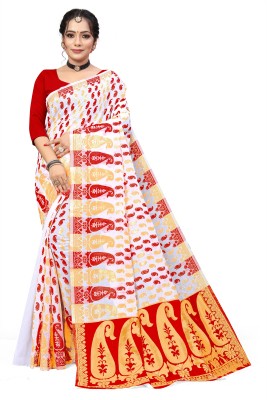 Ajamukhi Paisley Jamdani Cotton Blend, Cotton Silk Saree(Red, White)