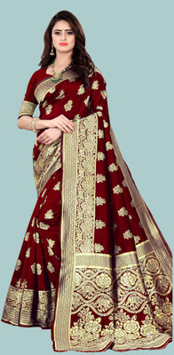 tapovan fashion Embellished, Self Design, Woven Kanjivaram Silk Blend, Jacquard Saree(Maroon)