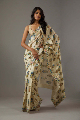 RAJESHWAR FASHION Floral Print Bollywood Silk Blend Saree(White)