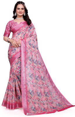 HouseOfCommon Floral Print Bollywood Cotton Linen Saree(Pink)