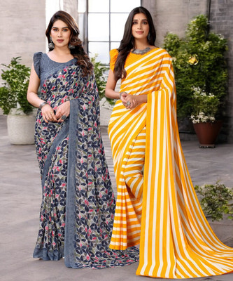 HouseOfCommon Printed, Striped Bollywood Georgette Saree(Pack of 2, Multicolor)