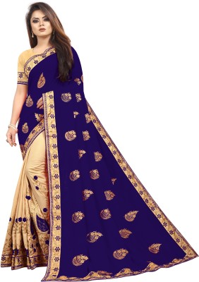 b bella creation Embroidered Bollywood Silk Blend Saree(Beige, Blue)