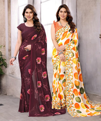 HouseOfCommon Printed Bollywood Georgette Saree(Pack of 2, Multicolor)