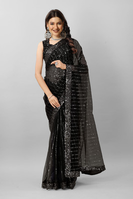 SROLY Embroidered Bollywood Net Saree(Black)