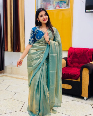 HouseOfCommon Embellished, Embroidered, Solid/Plain Bollywood Chiffon, Pure Silk Saree(Blue)