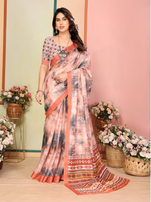 Sidhidata Printed, Geometric Print, Digital Print Daily Wear Cotton Linen Saree(Multicolor)