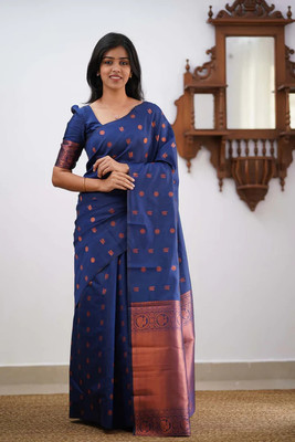 Shoponbit Printed Banarasi Pure Silk Saree(Dark Blue)