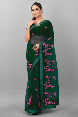 PRIMHI Embroidered Bollywood Net Saree(Green)
