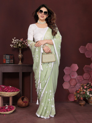 ROOP SUNDARI SAREES Embroidered Bollywood Chiffon Saree(Light Green)