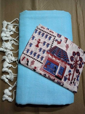 SMRITI BOUTIQUE Solid/Plain Kalamkari Handloom Pure Cotton Saree(Light Blue)