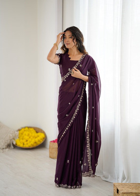 ROOP SUNDARI SAREES Embroidered Bollywood Silk Blend, Georgette Saree(Purple)