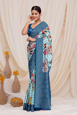 Dharmata Enterprise Digital Print, Printed Banarasi Crepe Saree(Light Blue)